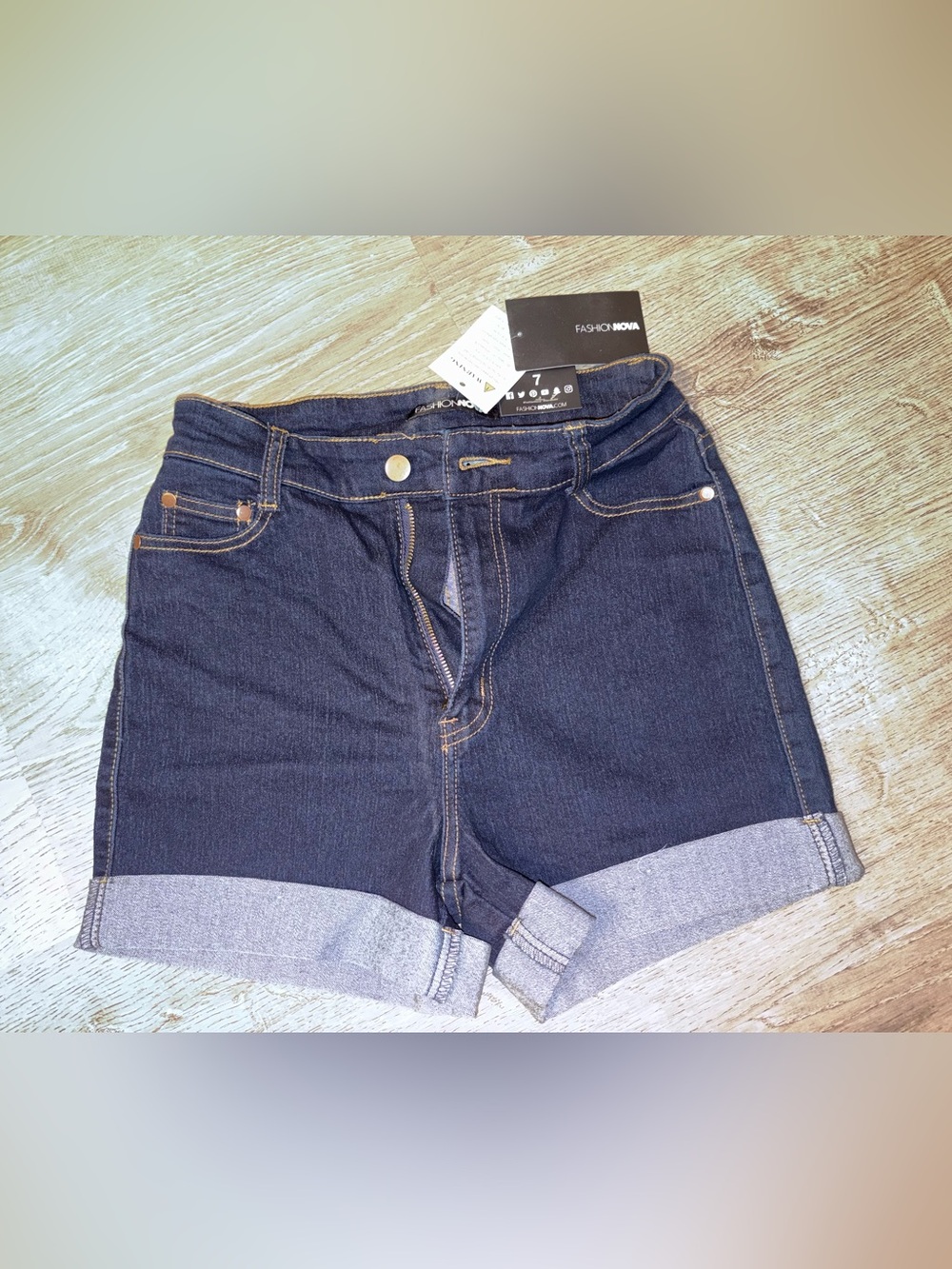 Fashion Nova Dark Blue Denim Shorts with Rolled Cuffs